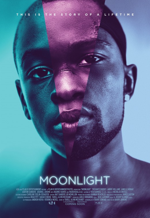 Film poster for the move "Moonlight" (2016), features slivers of the face of two Black boys and one black man aligned to form one face with an overlay of blue and purple.
